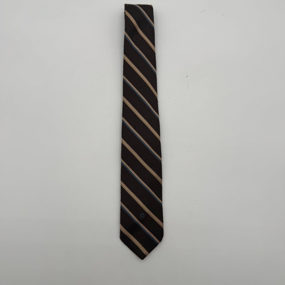 Etienne Aigner Mens Silk Blend Striped Necktie Brown Tan Blue Logo